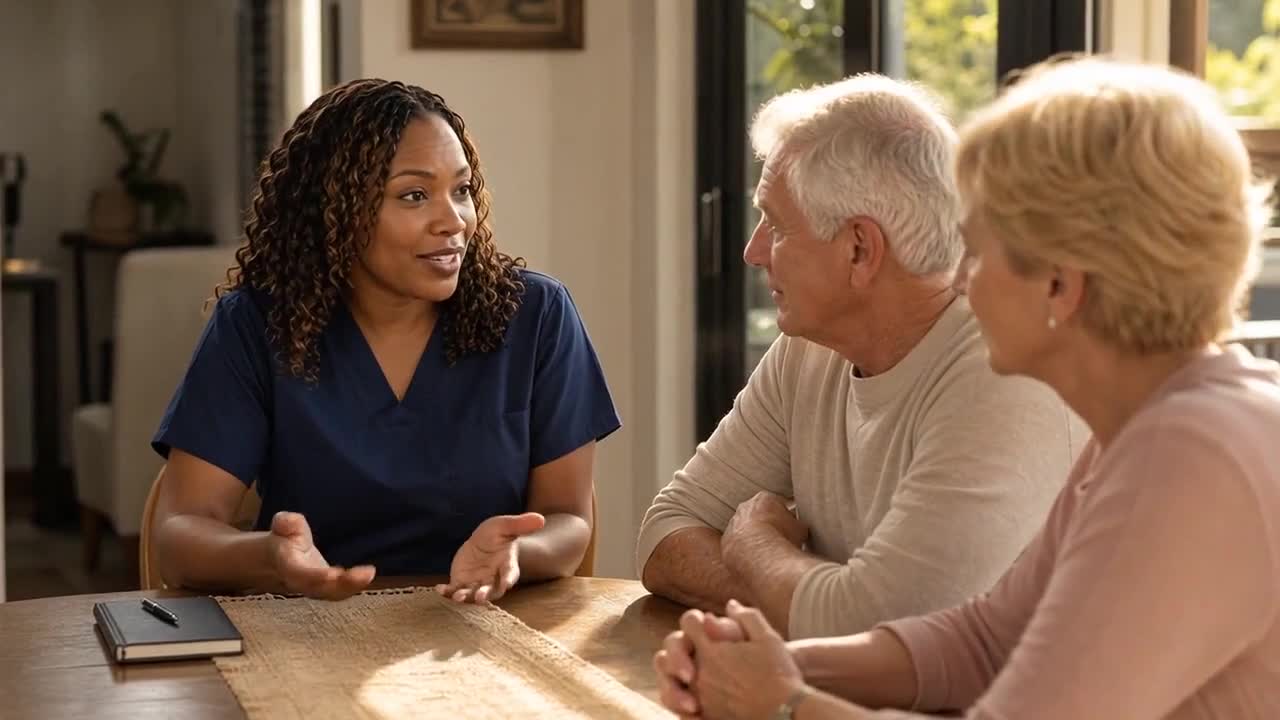 A nurse supporting an older person and family member during a CHNSS care-planning conversation