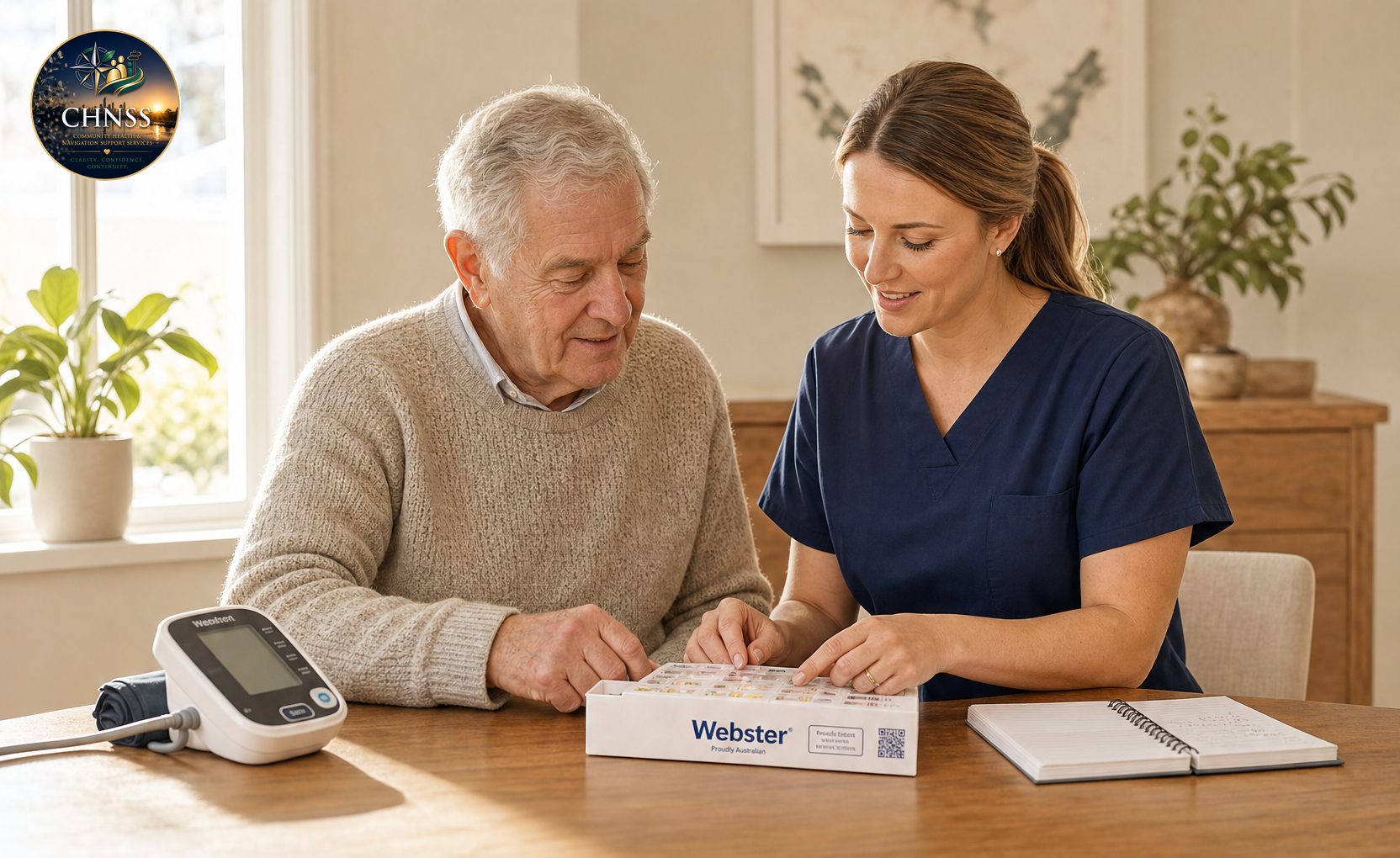 Nurse supporting medication management with a client