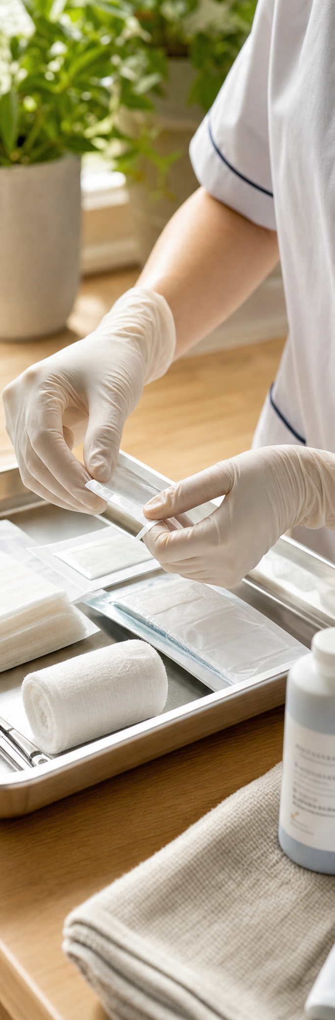 Clinical wound care supplies prepared for a home visit